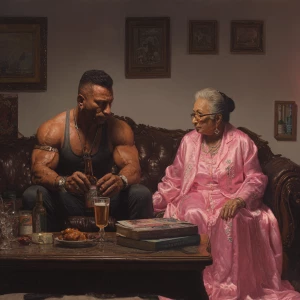 Hyperrealism,painting.a muscular criminal delhi man sitting dr...