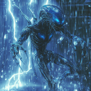 A fluorescent blue metallic alien with multiple arms and eyes, g...