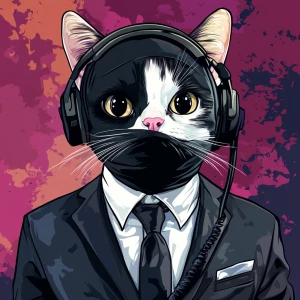 A cat dressed in a formal outfit, featuring a black suit, white...