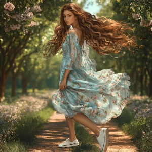 Create an image of an elegantly beautiful, tall woman with long,...