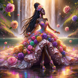 Remix Prompt
S/O Jackie Torres
S/O Panda Locke

create a animated style hyper realistic airbrush whimsical oil painting of a light African American woman wearing a flawless beautiful purple, pink, and gold blossom dress long flowing with colorful flowers and ruffles on the dress colorful jewelry made of flowers she has long black dreadlocks in a bun a colorful rose in her hair her peep toe shoes is matching her dress behind her is a beautiful waterfall liquid glowing lights beautiful colorful rainbow surrounded by beautiful roses.