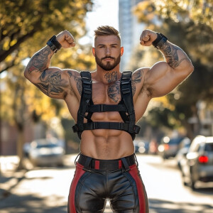 In this image, a muscular man is posing on an outdoor street, fl...