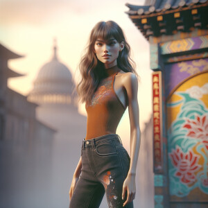 Athletic Thin skinny Attractive, Asian teenage girl, long brown hair and bangs, wearing tight skinny jeans and a halter top paint marks on her clothing, heroic pose Asian graffiti background,  backside view