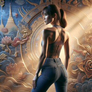 Athletic Thin skinny Attractive, Asian teenage girl, long brown hair and bangs, wearing tight skinny jeans and a halter top paint marks on her clothing, heroic pose Asian graffiti background,  backside view