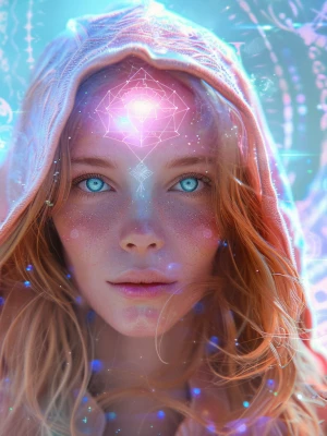 A celestial divine feminine figure with glowing blue eyes, weari...