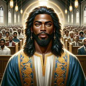 Illustrate an inspiring African-American Jesus crust with a dign...