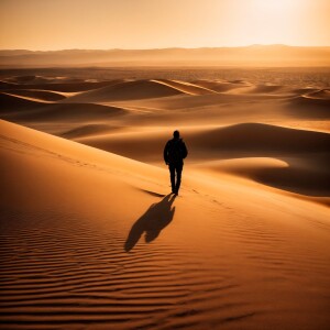 Create an evocative desert scene where the sun casts long, drama...