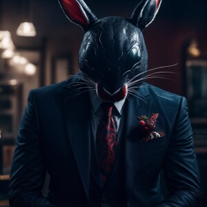 Create an image of an anthropomorphic rabbit with a sleek, form-...