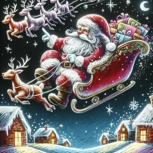 A whimsical realistic colored chalk art of Santa riding in his s...