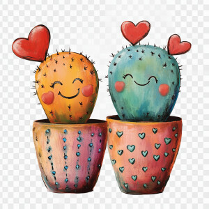 Create an image of two charming, smiling cacti in pots with hear...