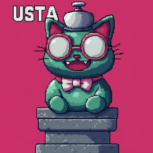 Create a pixel art character of a cute, green cat with a wide sm...