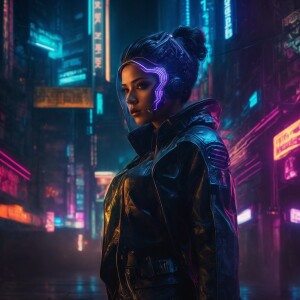 In the dimly-lit cyberpunk street, a seductively sinister figure...