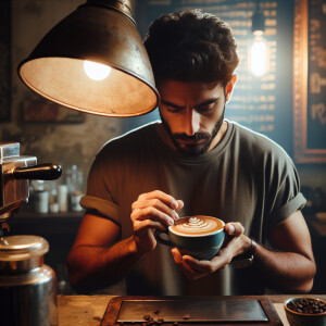 guy makes latte art for coffee