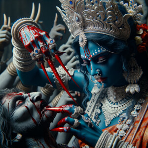 portrait of angry looking, gorgeous goddess kali, blue skinned carrying a weak mahishasur in her two arms and poking him with her amazingly long red fingernails. She is wearing a huge silver crown, red saree, abundant silver jewelry, covered in blood. The scene is set in ancient India. The image is 8K resolution, cinematic, ultra detailed face and epic.