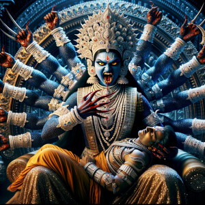 portrait of angry looking, four-armed indian goddess blue skinned sitting on a gold crown and carrying a weak mahishasur on her lap and poking his abdomen with her amazingly long red fingernails . She is wearing diamond armor, a huge diamond crown, black saree, abundant  diamond jewelry, covered in blood. The scene is set in ancient India. The image is 8K resolution, cinematic, photography, ultra detailed face and epic.