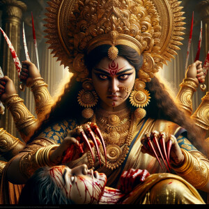 portrait of angry looking goddess durga sitting on a gold crown...