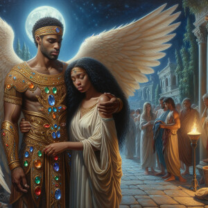 Create an oil painting image featuring a male angel and a grievi...