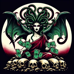 Medusa style face and head create an illustration of a commandin...