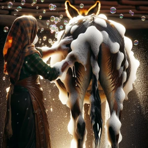 A farmer spraying water and soap suds onto the back of his donke...