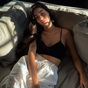 Fair-skinned woman with dark long hair, elegant and composed, si...