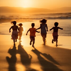 Several children running with joy on a beach, their elongated sh...