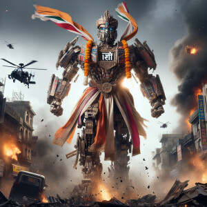 India as a transformer character, adorned with Indian emperor cl...