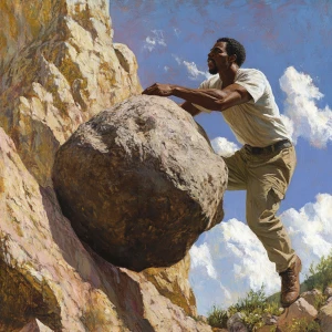 Generate an image depicting a young African American man exerting effort to push a large boulder up a steep hill.