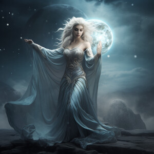 Selene, the Moon Priestess, stands in a surreal lunar landscape....