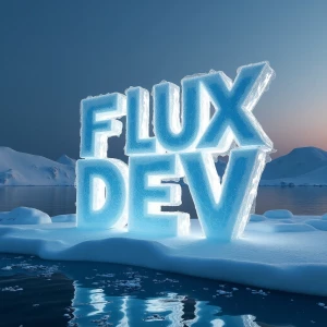 A futuristic and visually striking ["Flux Dev" text ] made of ice in arctic