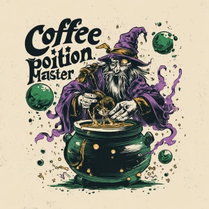 hand-drawn wizard-like figure brewing coffee in a cauldron with...