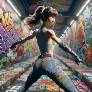 Athletic Thin skinny Attractive, Asian teenage girl, long brown hair and bangs, wearing tight skinny jeans and a halter top paint marks on her clothing, heroic pose Asian graffiti background, backside view