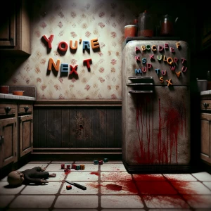 In a dimly lit, grimy kitchen, an eerie scene unfolds.red paint...