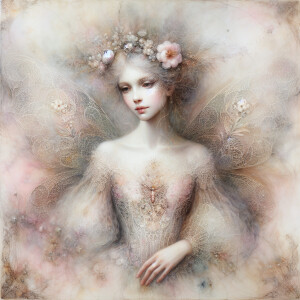 A shimmering ethereal fairy with intricate lace wings and a deli...