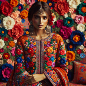 The image showcases a person dressed in a vibrant traditional ou...