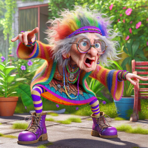 pixar style 3d image of a confused eccentric looking hippie gran...