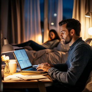 A digital marketer working late in his room on a laptop, sitting...