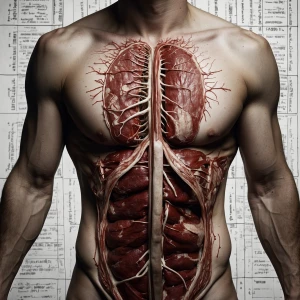 “A man’s torso split open like a book, pages made of veins and n...
