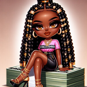 Chibi-style African American Boujee girl with warm brown eyes, s...