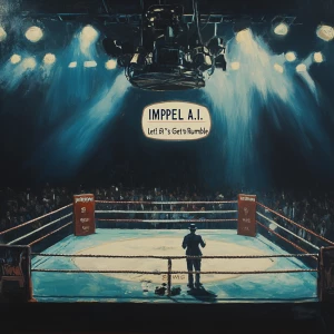 A high, wide-angle view of a dramatic boxing ring scene. The rin...