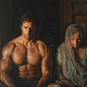 HyperRealism,photo real painting.A man muscular beefy sweaty doi...