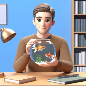 A smiling guy sitting at a study table, holding a fishbowl with...