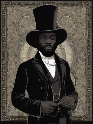 Create a portrait of a tall, featureless pitch-black figure dres...