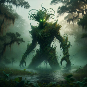 "Craft an image of a mythical plant elemental guardian rising fr...