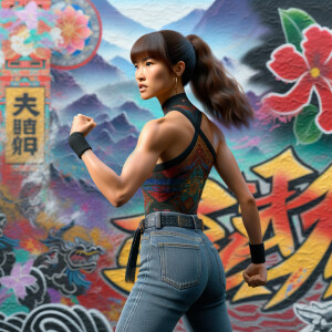 Athletic Thin skinny Attractive, Asian teenage girl, long brown hair and bangs, wearing tight skinny jeans and a halter top paint marks on her clothing, heroic pose Asian graffiti background, backside view