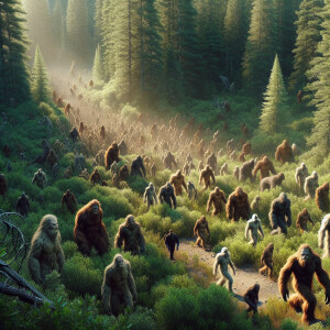 1200 Sasquatchs with dense fur emerging from a dense forest into...