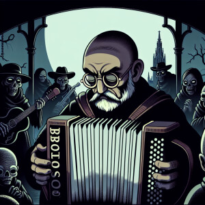Bald guy with glasses and beard mexican playing Boston acordeon