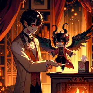 "A regular-sized man gently lifting a small female demon with el...
