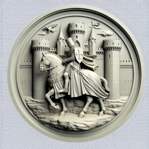 3d bas relief of a knight templar on a horse in front of a castl...
