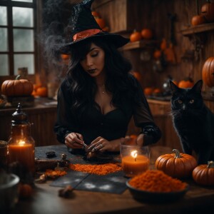 Photorealistic image. Beautiful witch brewing up some trouble. B...