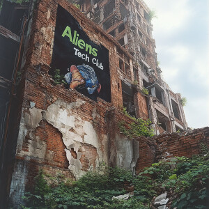 Weathered-graffiti, a skyscraper with a crumbling wall from an a...